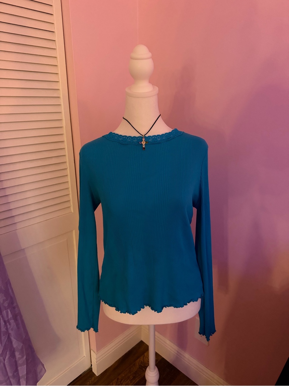 Secret Treasures Teal Ribbed Long-Sleeve Lace-Trim Top